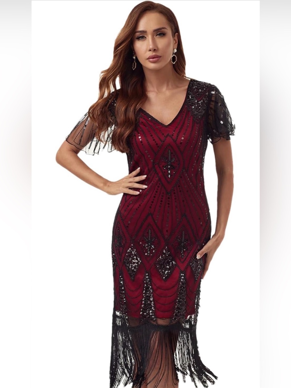 NWT Burgundy Beaded Midi Dress with Black Fringe Detailing 1920’s Flappers, L